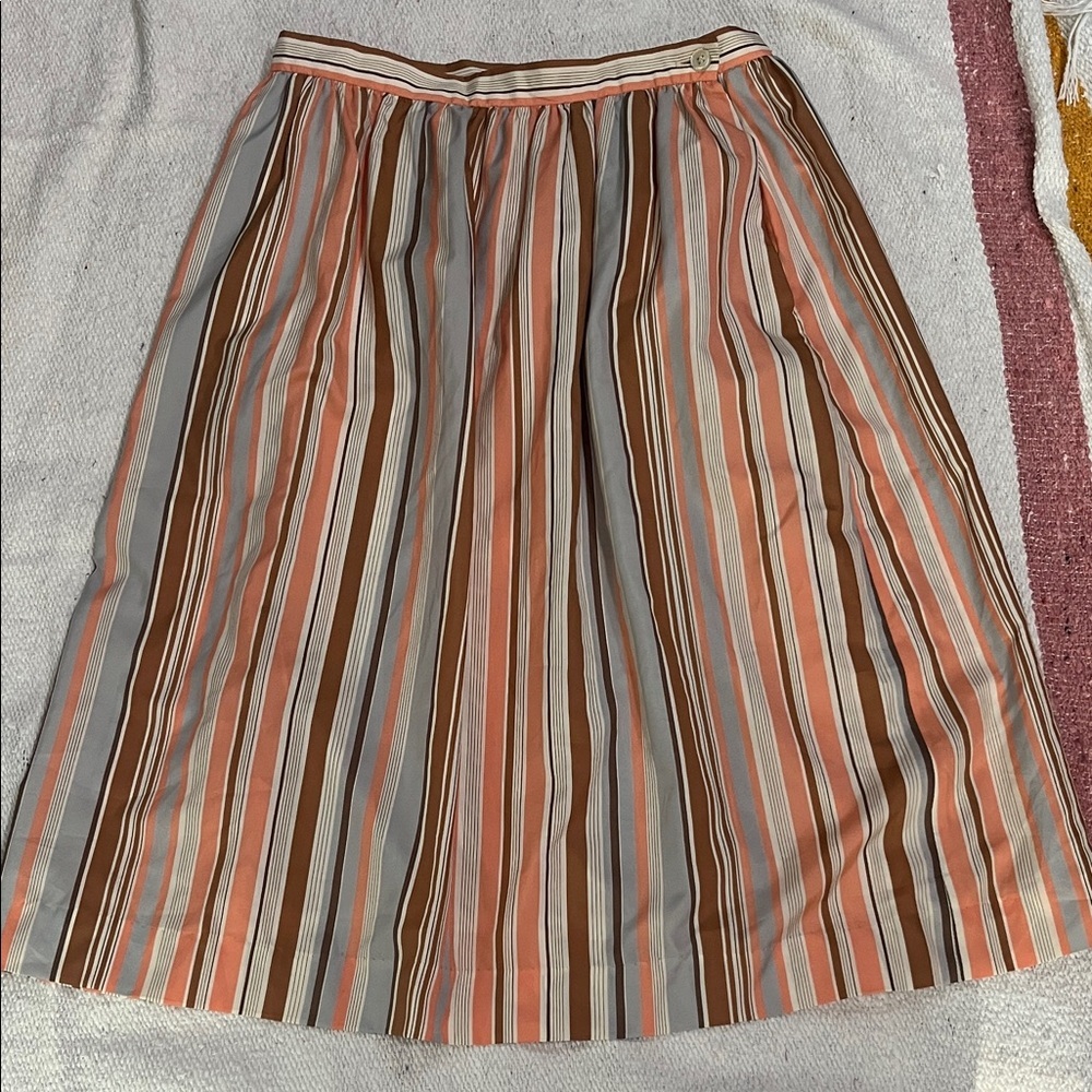 Midi Striped A-Line Skirt in Coral, Brown & Cream